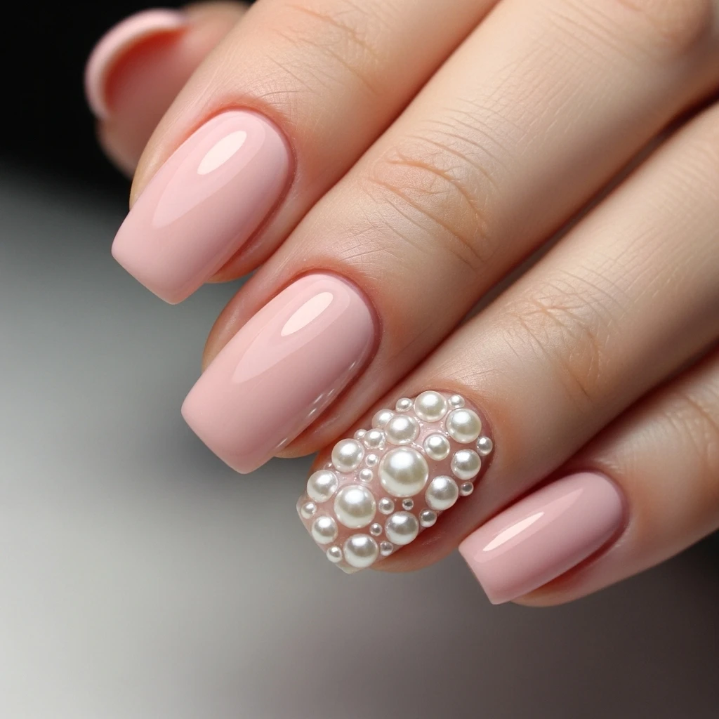 Top 13 Wedding Nail Designs for the Modern Bride 11 solid color with pearl embellishments