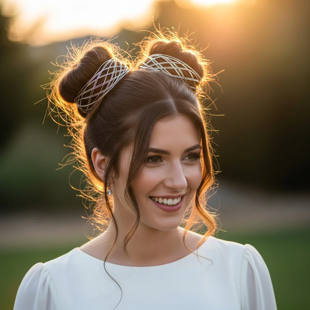 17 Bridal Hairstyles with Crowns 15 space buns with minimalist crown