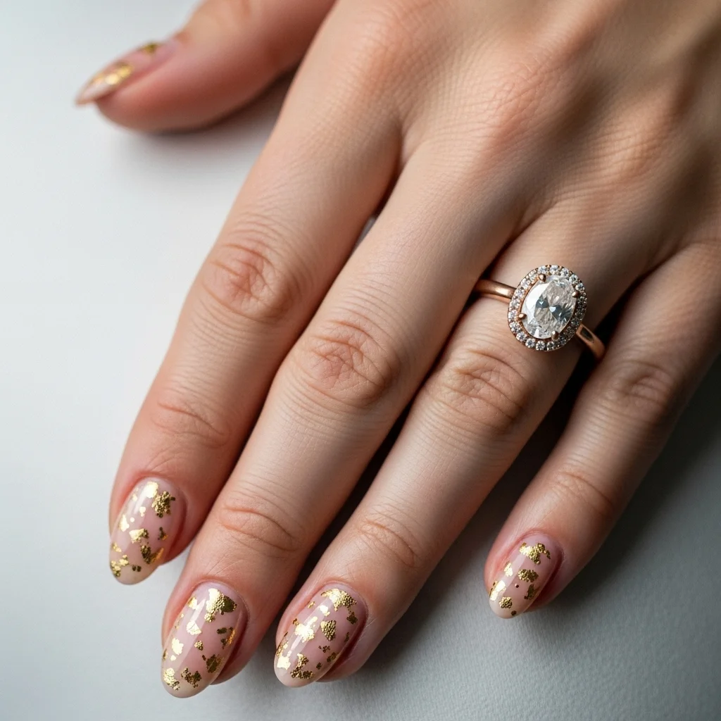 Sparkle & Frost: The Top 13 Winter Wedding Nail Ideas for Brides 5 subtle nude with gold flakes