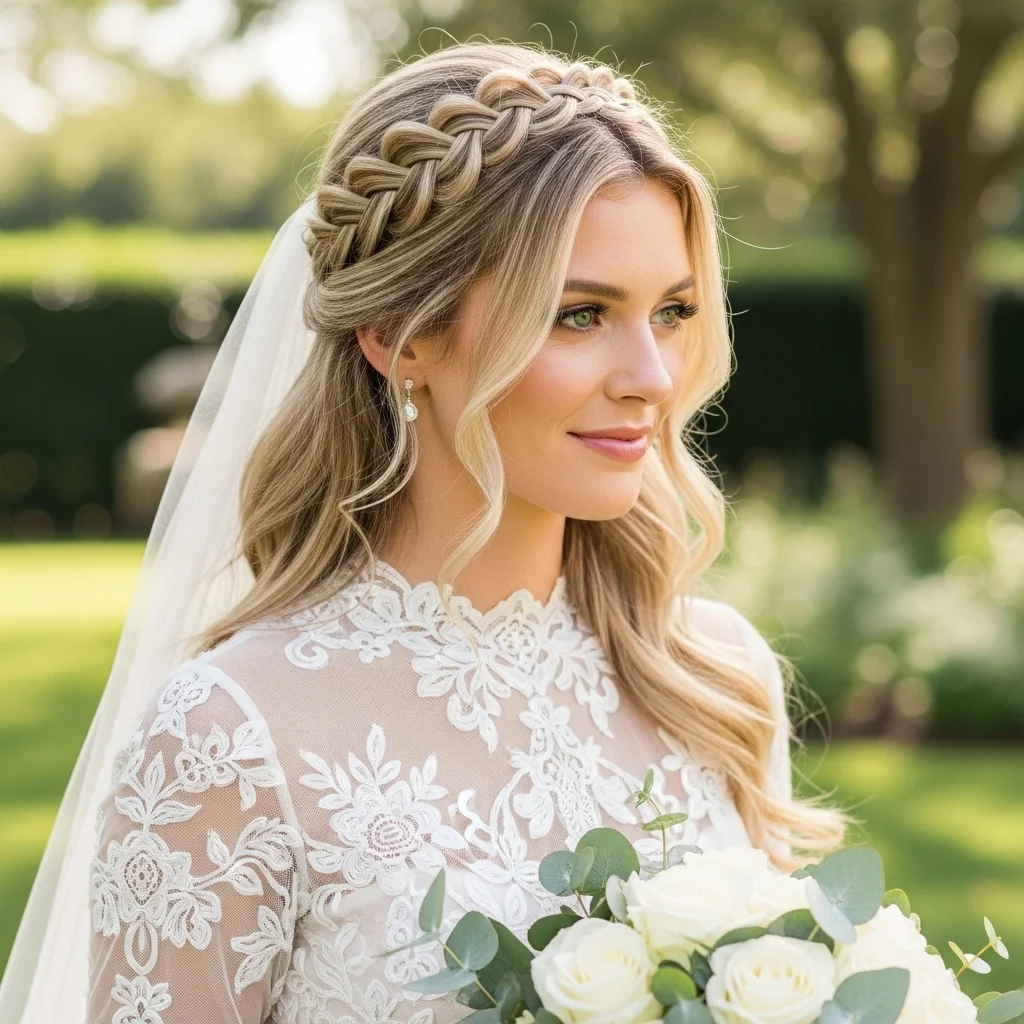 textured half updo with braided crown