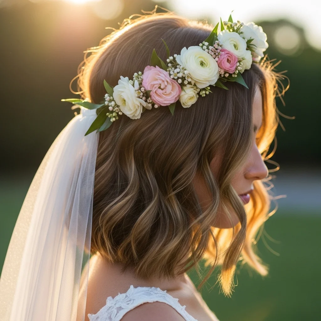 13 Short Hair Bride Hairstyles with Veil 4 textured lob with a flower crown and veil