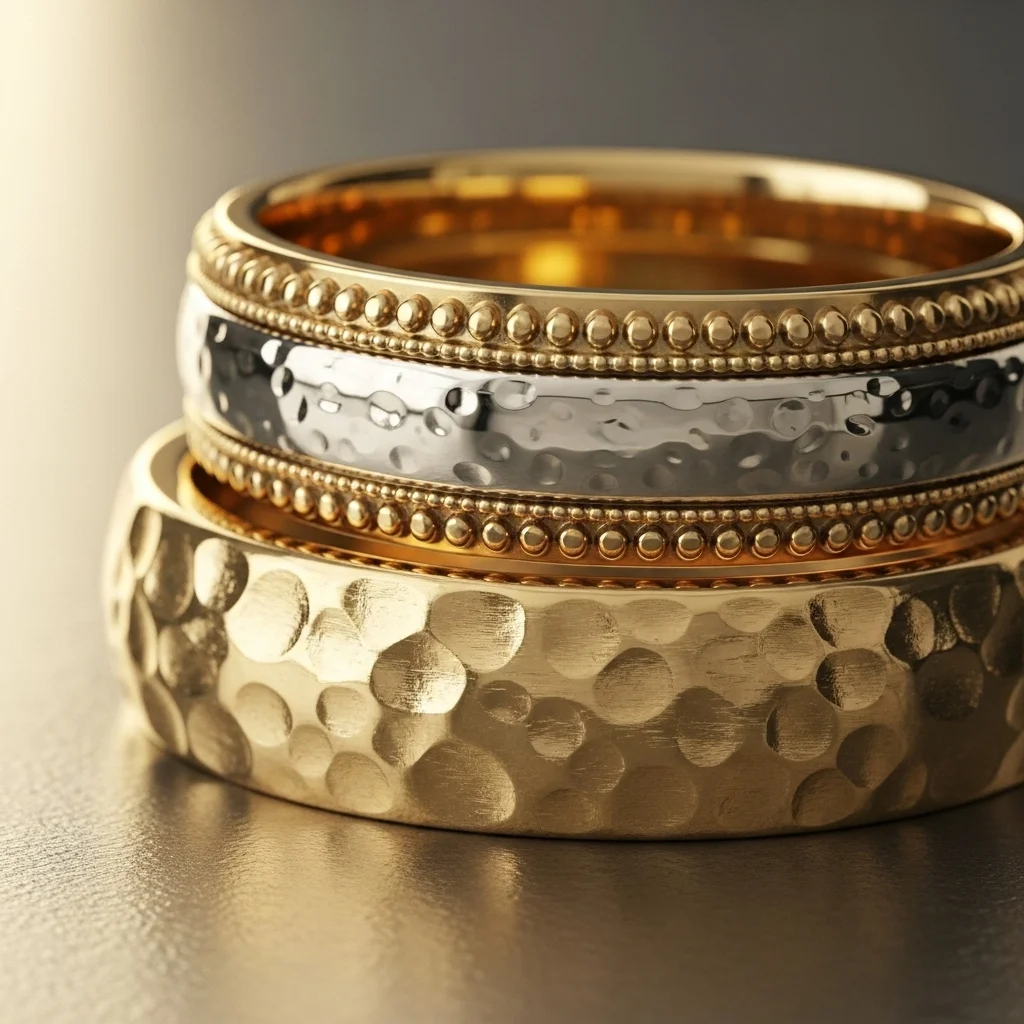 11 Gold Wedding Ring Stack Ideas to Try 6 textured treasures hammered and milgrain