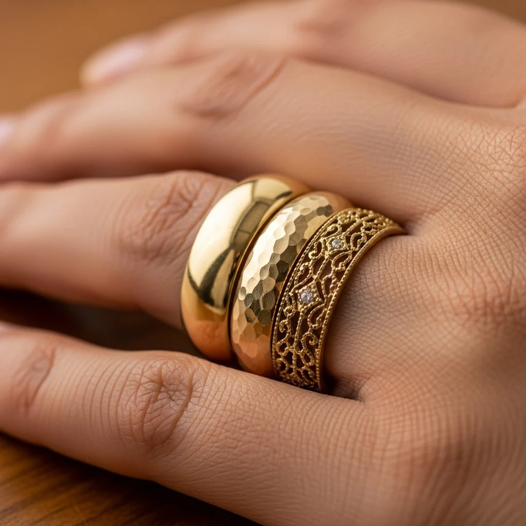11 Gold Wedding Ring Stack Ideas to Try 4 the bold and the beautiful wide gold bands