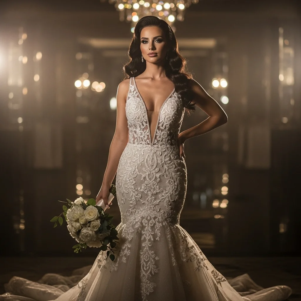 15 Mermaid Wedding Dresses That Make You Feel Amazing 10 the mermaid with a plunging neckline