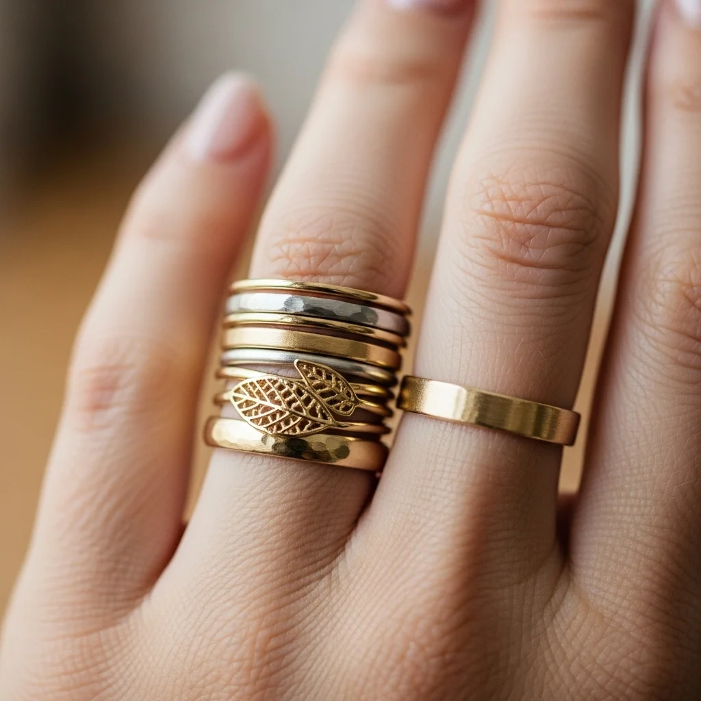 11 Gold Wedding Ring Stack Ideas to Try 11 the nature inspired stack 1