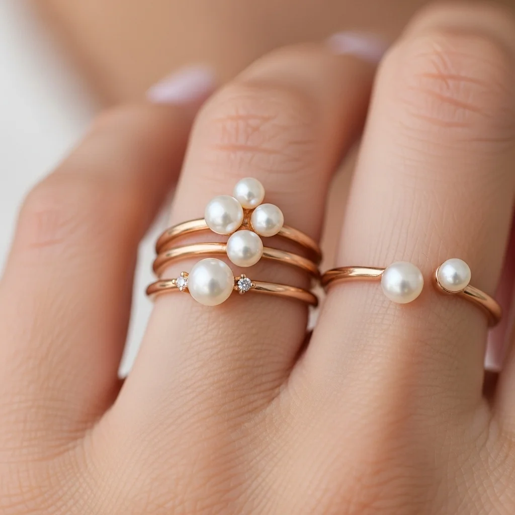 15 Elegant Pearl Wedding Rings to Adore 7 three pearl stacking ring