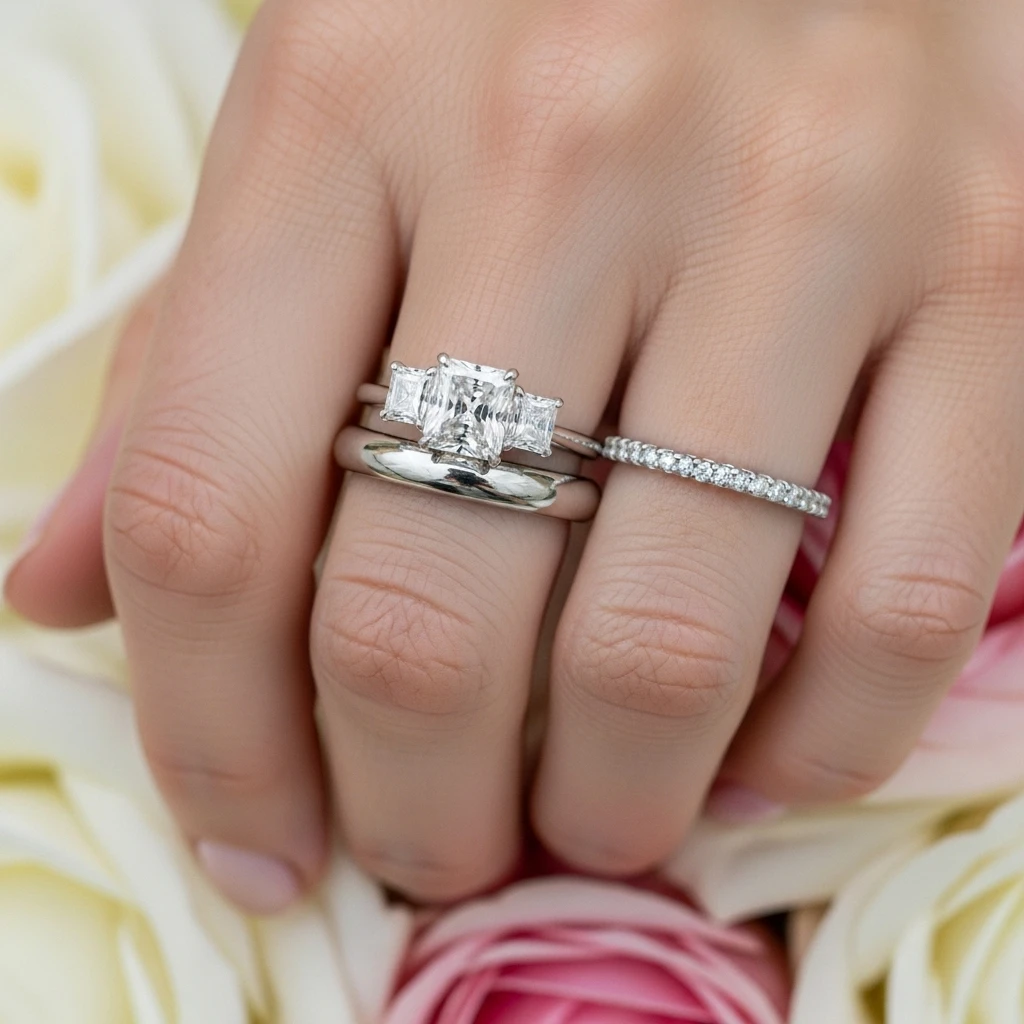 17 Radiant Cut Wedding Ring Sets to Love 4 three stone radiant cut set