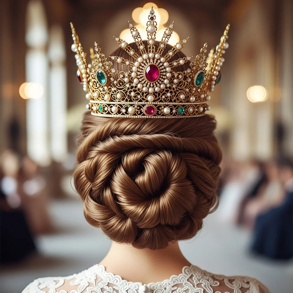 17 Bridal Hairstyles with Crowns 16 twisted updo with baroque crown