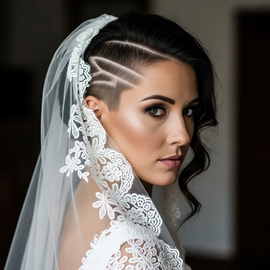 13 Short Hair Bride Hairstyles with Veil 8 undercut with a dramatic veil