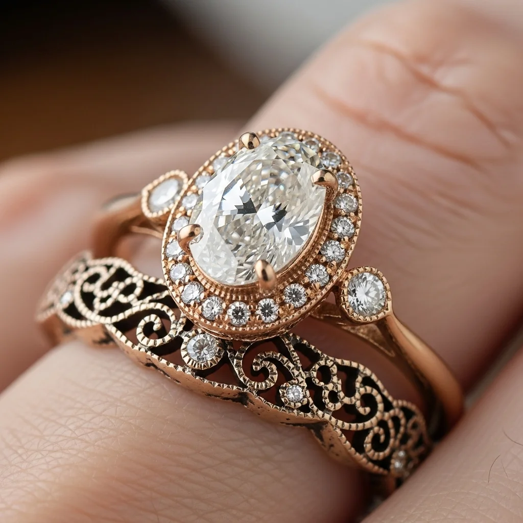 17 Oval Engagement Rings with Wedding Bands: Perfect Matches 14 vintage inspired setting with a filigree band