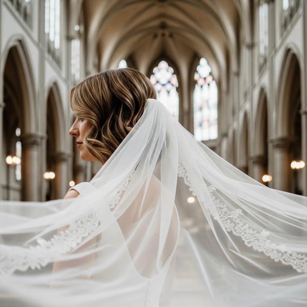 13 Short Hair Bride Hairstyles with Veil 11 voluminous bob with a cathedral veil
