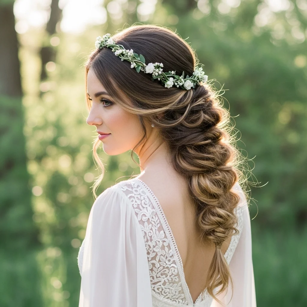 17 Bridal Hairstyles with Crowns 7 waterfall braid with floral crown