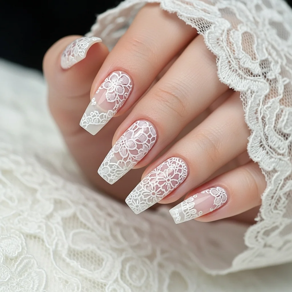 Top 17 Wedding Coffin Nails for the Modern Bride 9 white lace detailing