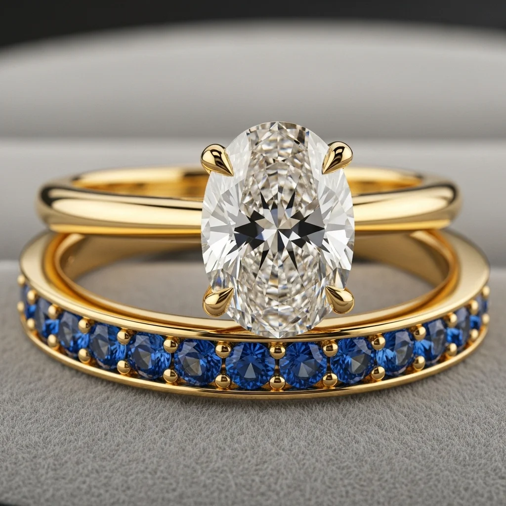 17 Oval Engagement Rings with Wedding Bands: Perfect Matches 18 yellow gold setting with a yellow gold and sapphire band
