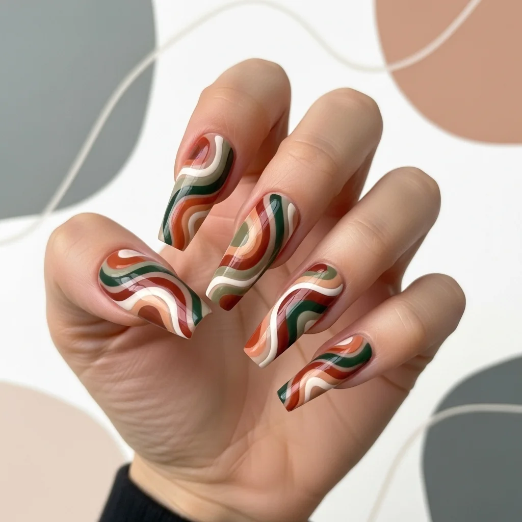 21 Coffin Nail Designs That Scream Fall: Your Ultimate Guide to Autumn Manicures 20 abstract earth tones swirls