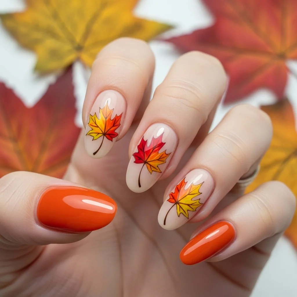 The Top 27 Acrylic Nail Designs You Need This Autumn! 13 artistic fall leaf designs