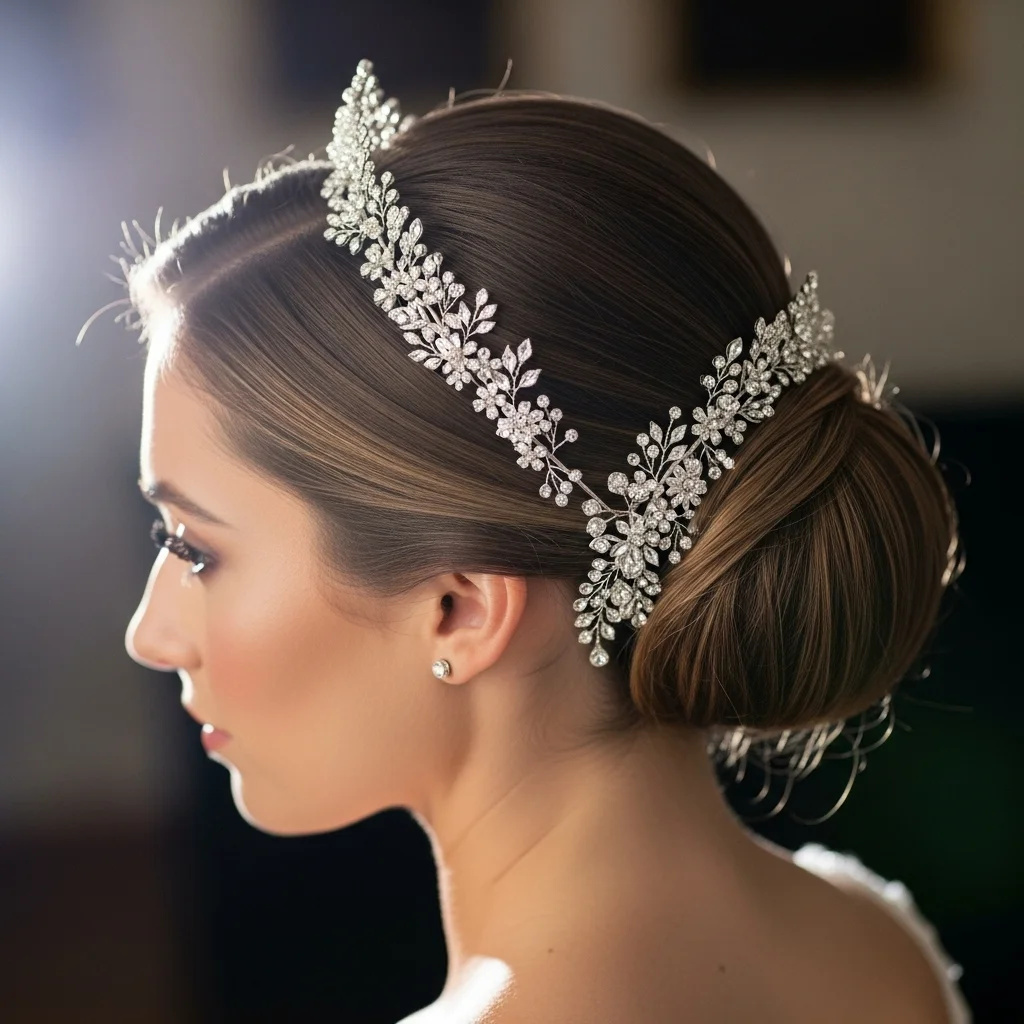 asymmetrical low bun with a side tiara