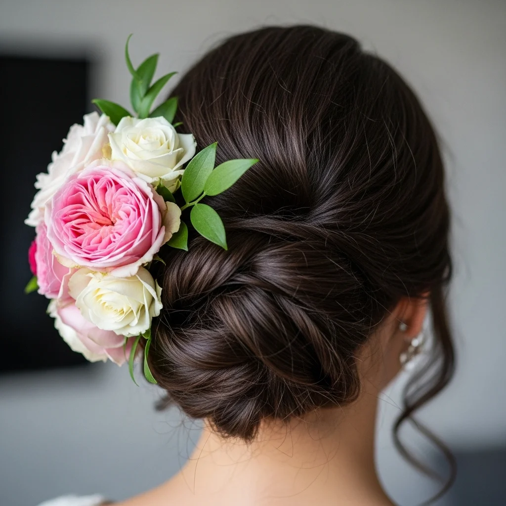 asymmetrical updo with a cluster of blooms