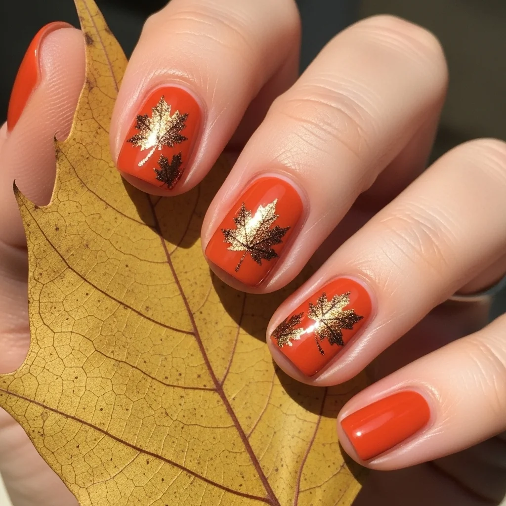 Top 21 Burnt Orange Nail Ideas for Fall 8 autumn leaf decals on burnt orange