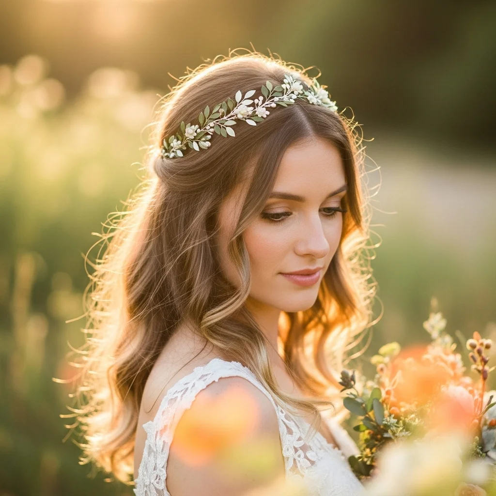 bohemian waves with a floral inspired tiara