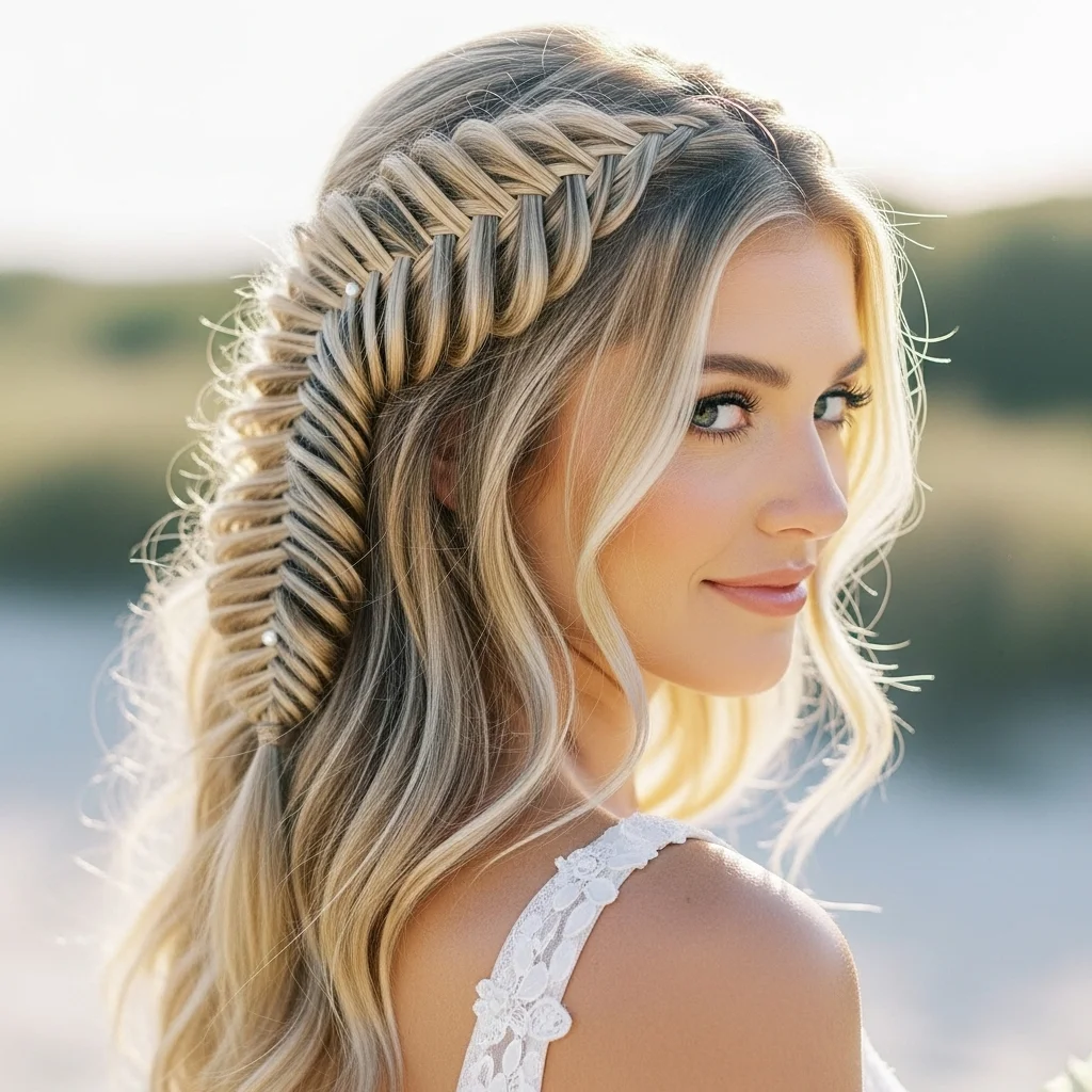 23 Elegant Half Up Half Down Wedding Hairstyles 5 boho fishtail half up