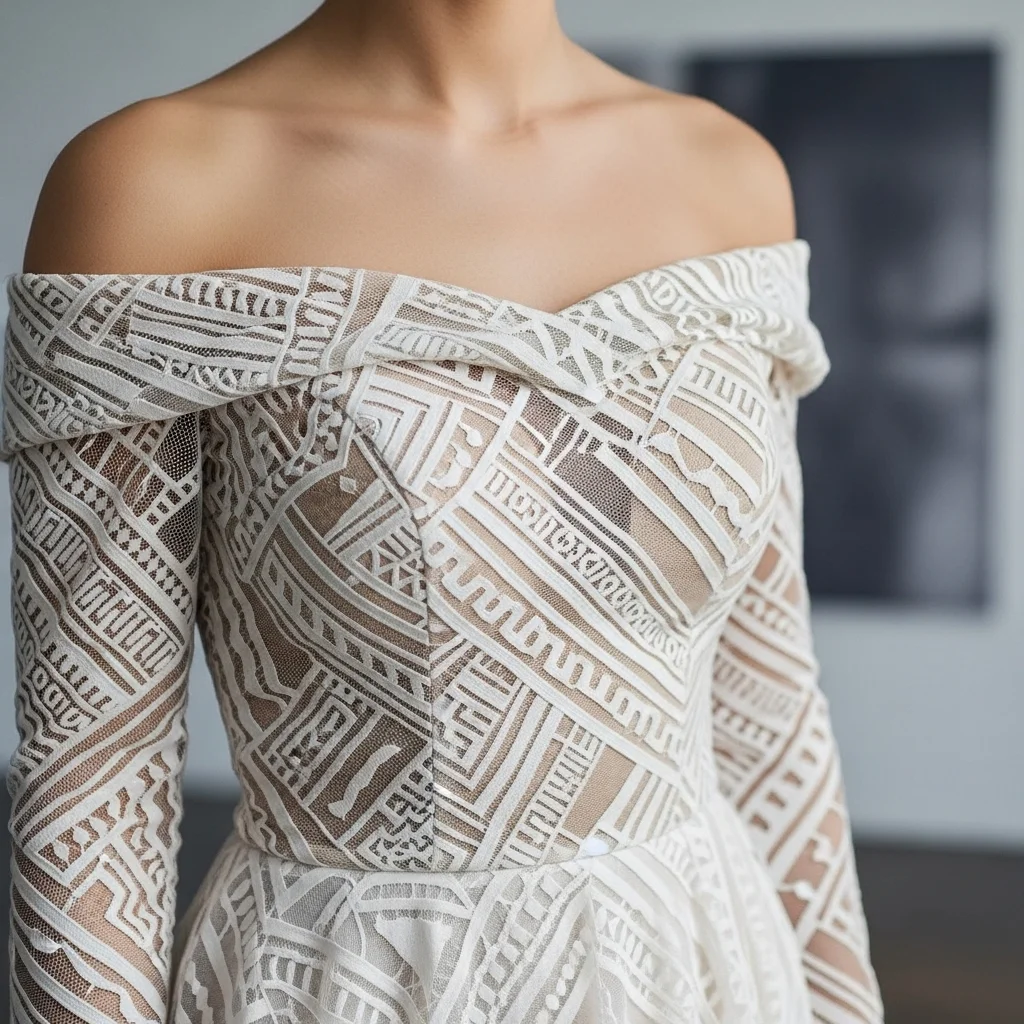 25 Off the Shoulder Boho Wedding Dresses 23 bold geometric lace statement