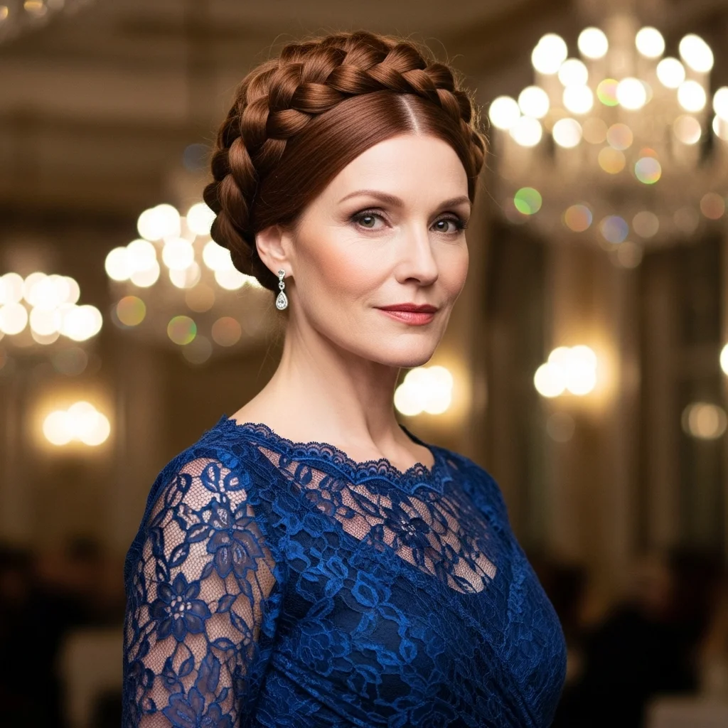 Radiant & Refined: 25 Mother of the Bride Updo Hairstyles for a Picture-Perfect Day 4 braided crown updo 2