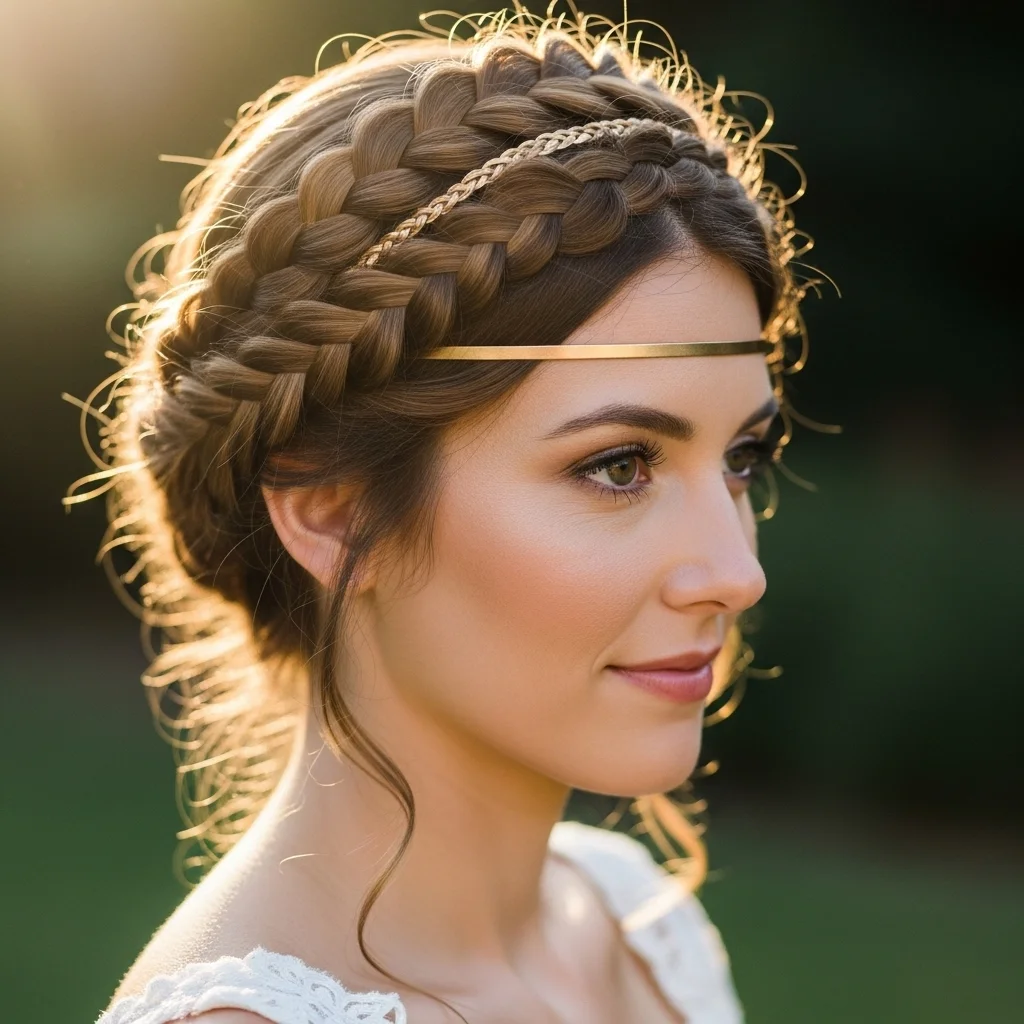25 Dreamy Bridal Headband Hairstyles: Your Ultimate Wedding Hair Guide! 7 braided crown with thin metallic headband