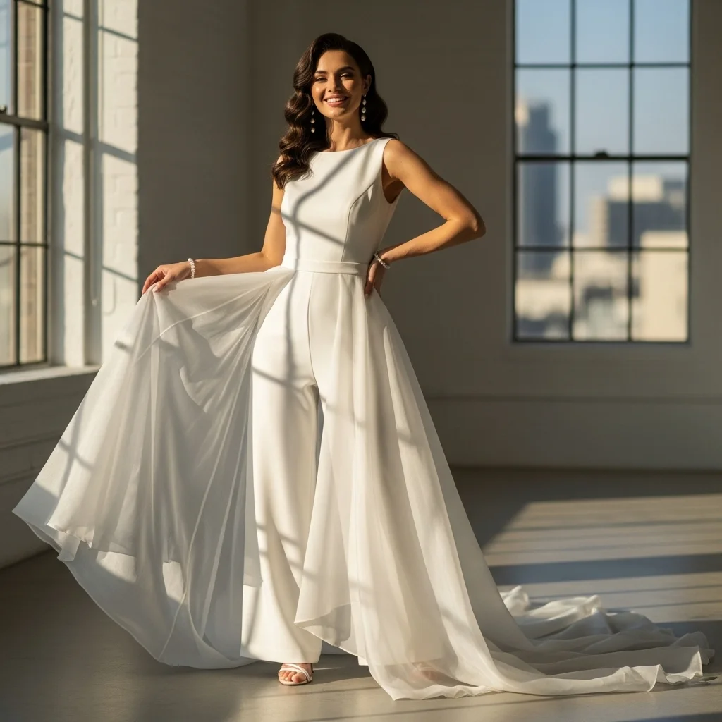 bridal jumpsuit with detachable overskirt