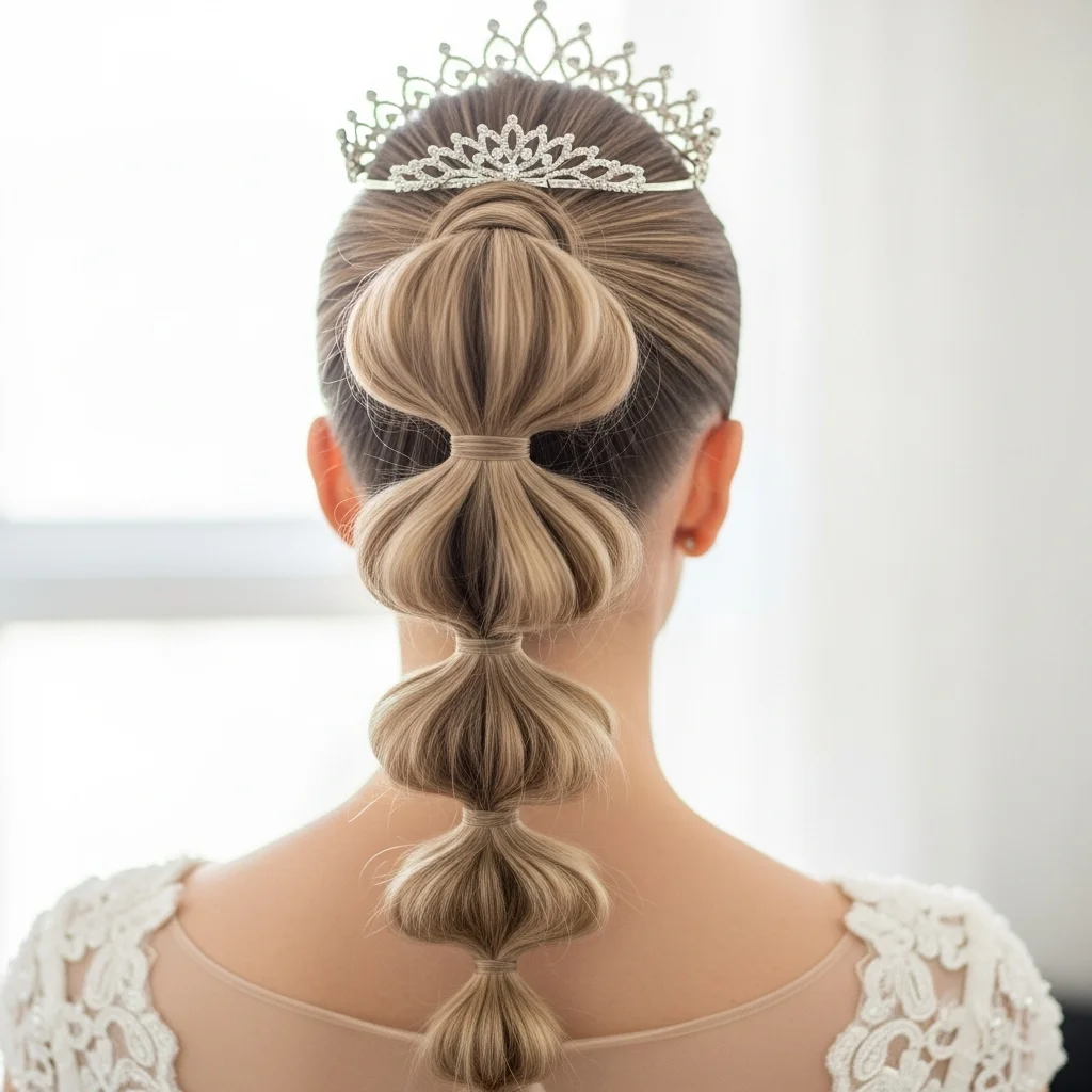 bubble braid ponytail with a dainty tiara