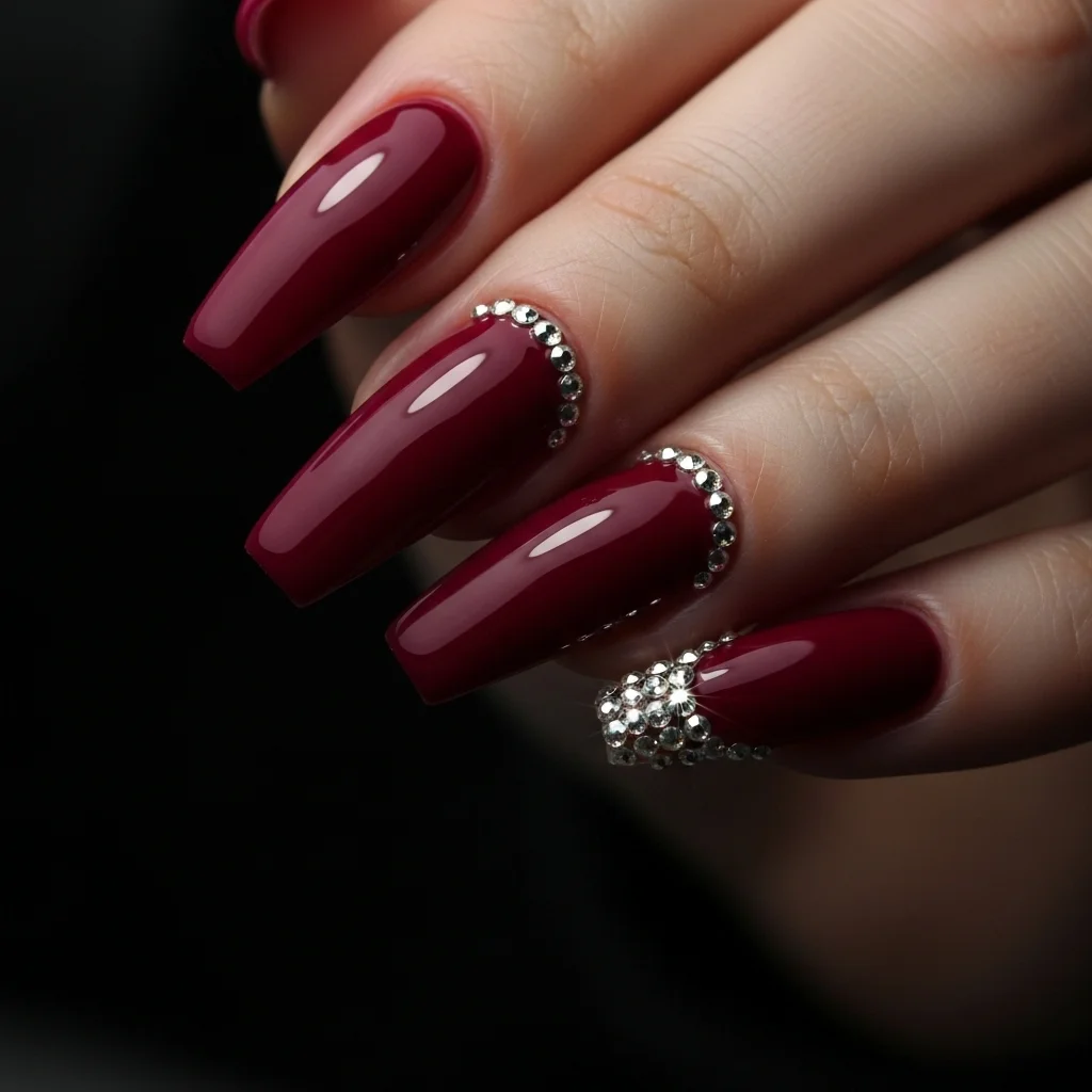 burgundy coffin nails with rhinestones