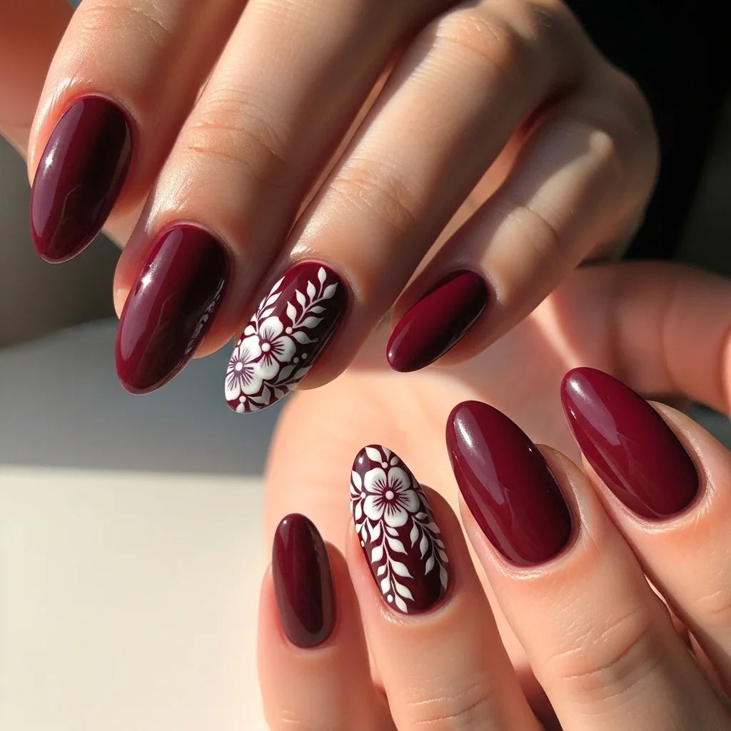 burgundy with delicate white floral art