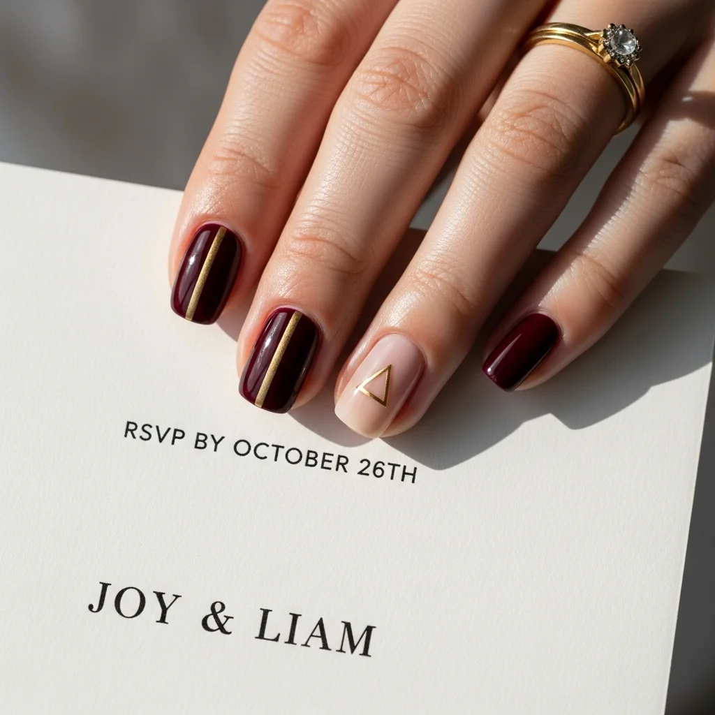 burgundy with geometric gold lines