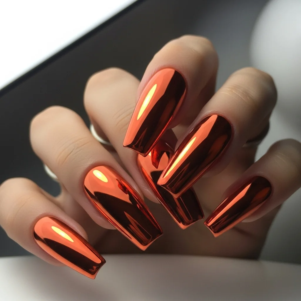 21 Coffin Nail Designs That Scream Fall: Your Ultimate Guide to Autumn Manicures 13 burnt orange chrome finish