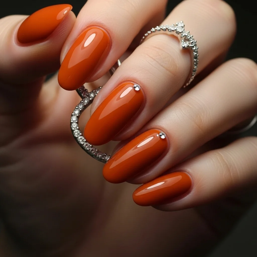Top 21 Burnt Orange Nail Ideas for Fall 20 burnt orange with a single rhinestone