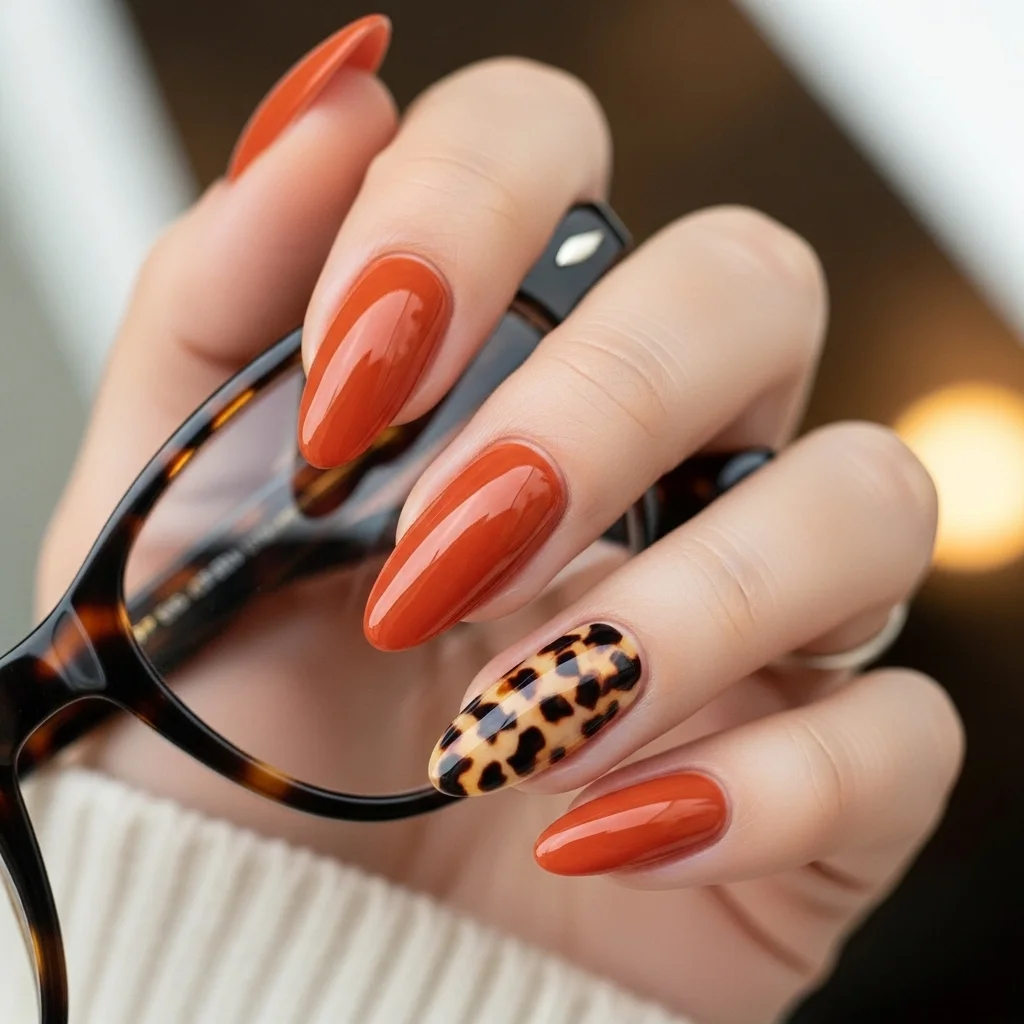 Top 21 Burnt Orange Nail Ideas for Fall 13 burnt orange with tortoiseshell accent