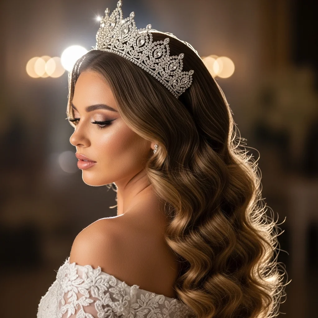 cascading curls with a statement tiara
