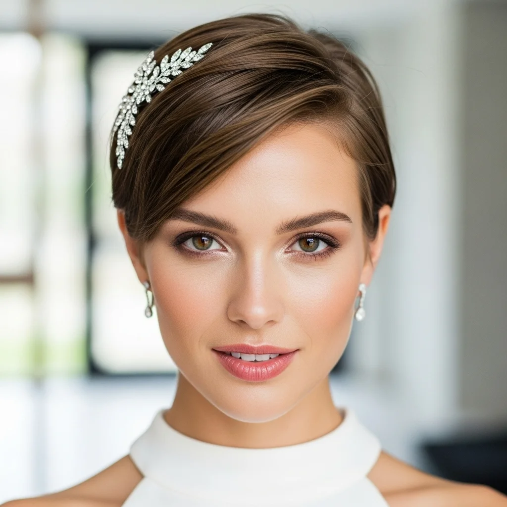 chic pixie cut with a delicate hairpin