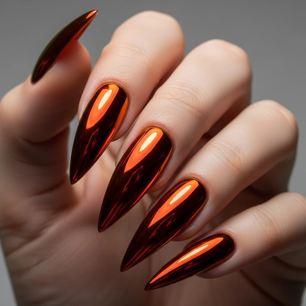 Top 21 Burnt Orange Nail Ideas for Fall 12 chrome burnt orange