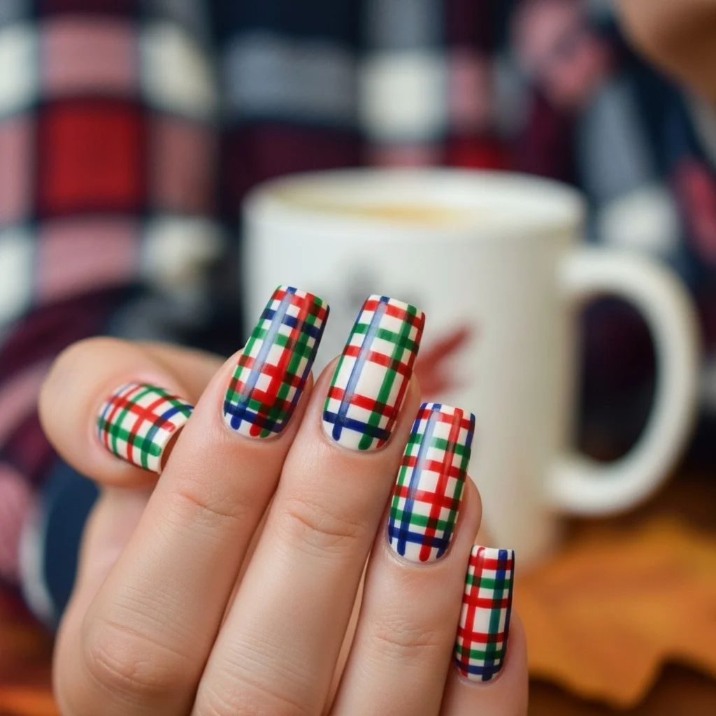 The Top 27 Acrylic Nail Designs You Need This Autumn! 22 classic fall plaid tartan