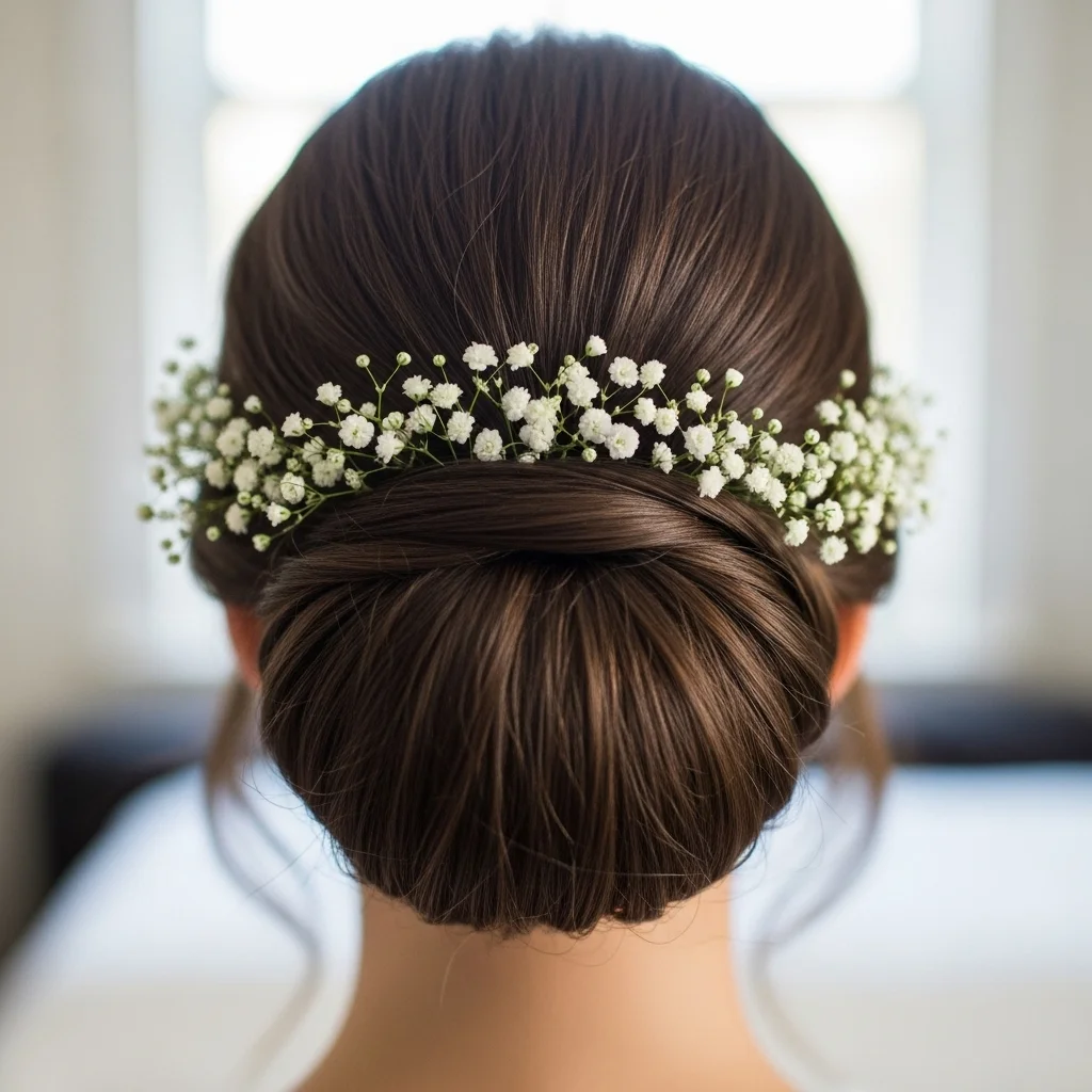 classic low bun with delicate baby s breath