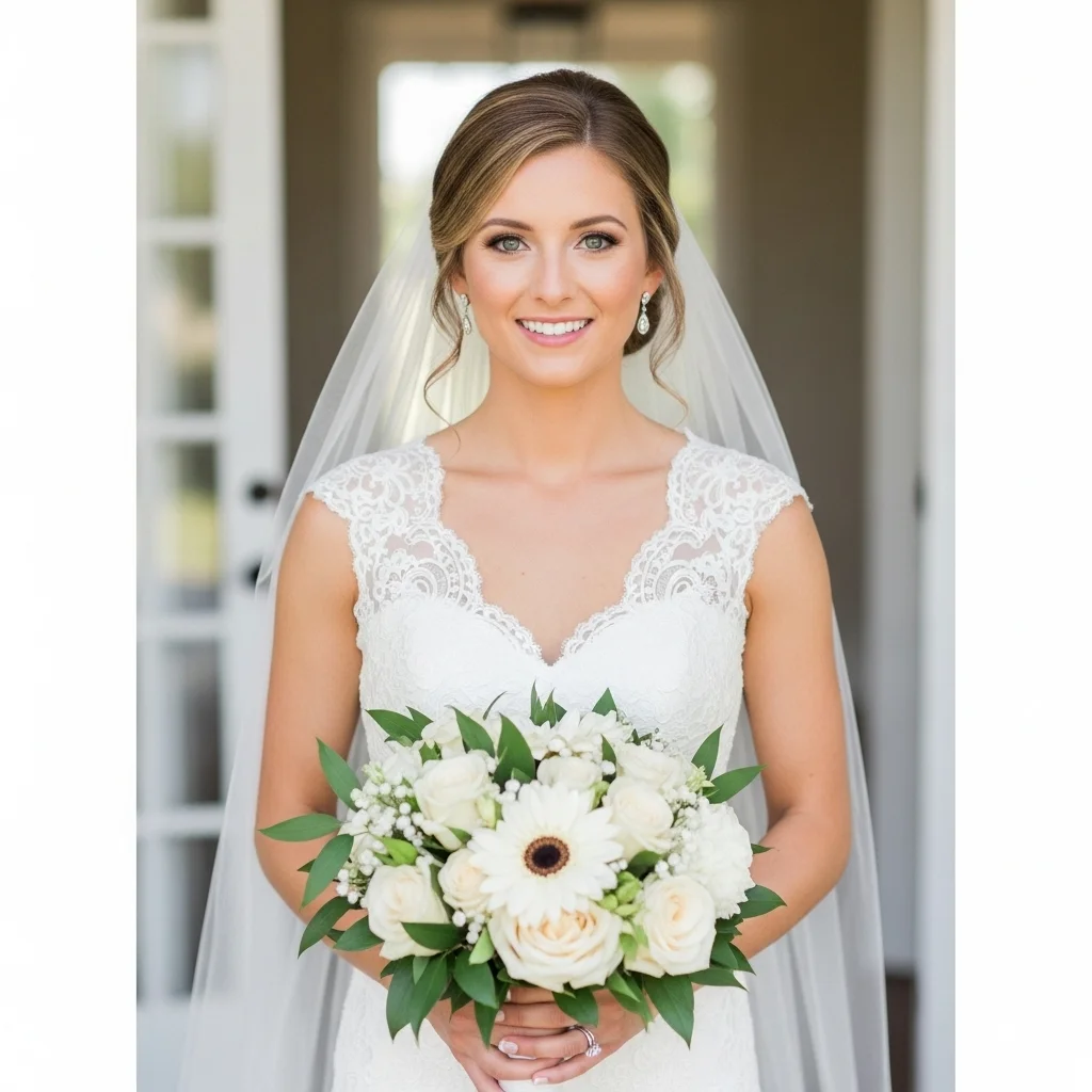 classic low bun with face framing tendrils