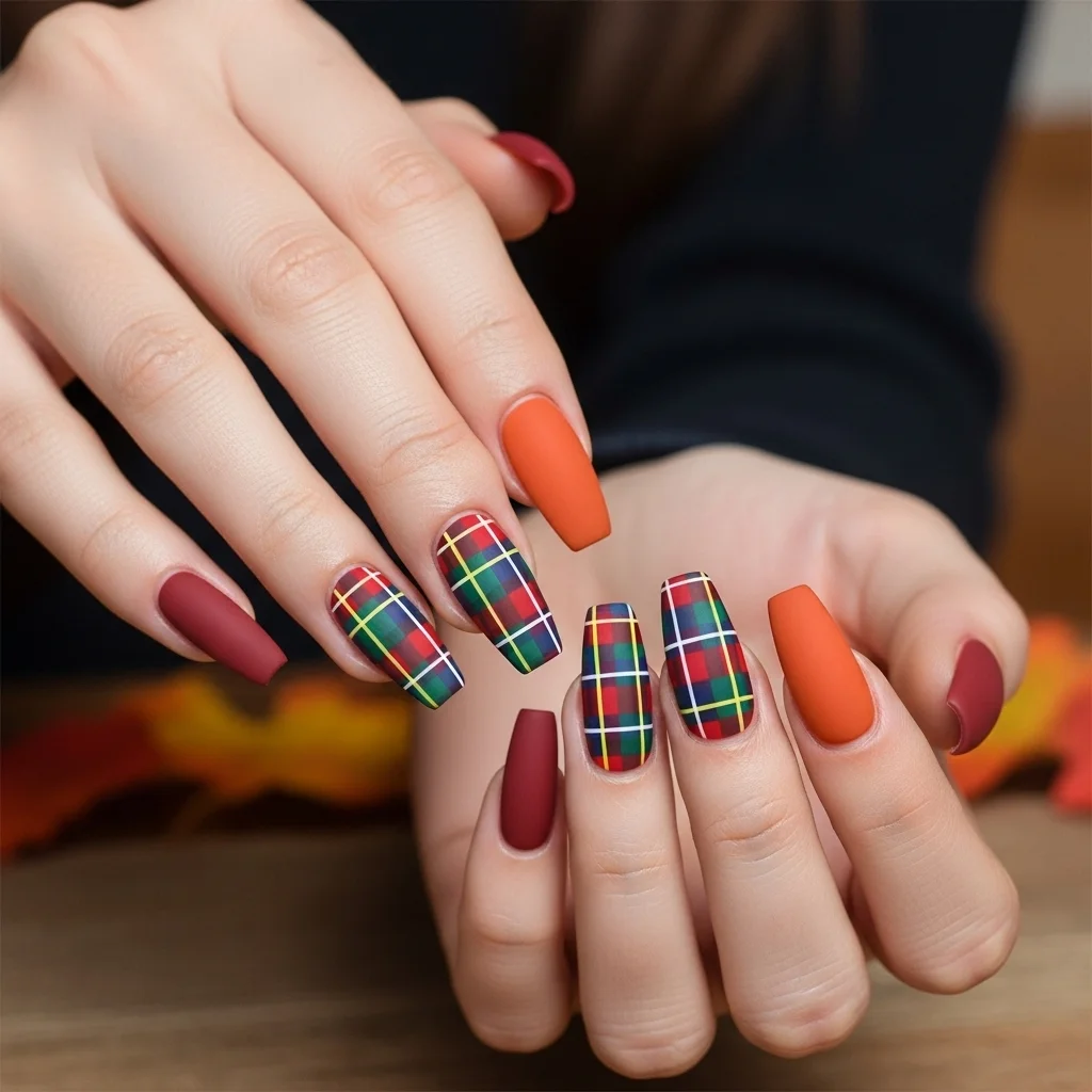 21 Coffin Nail Designs That Scream Fall: Your Ultimate Guide to Autumn Manicures 10 classic tartan plaid