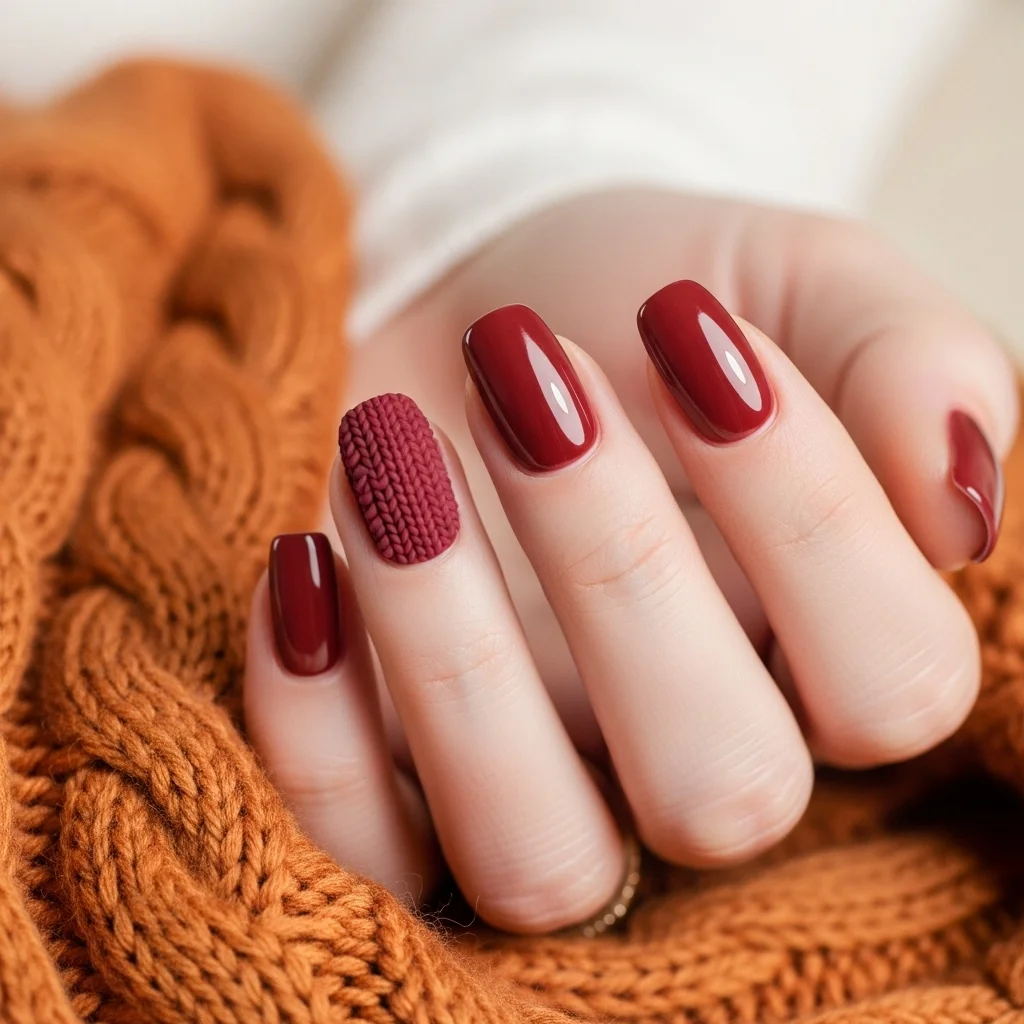 cozy burgundy sweater nail art