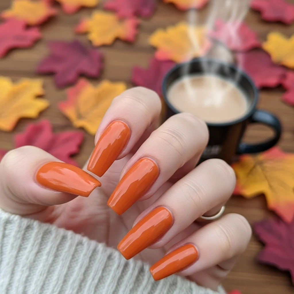 The Top 27 Acrylic Nail Designs You Need This Autumn! 4 cozy pumpkin spice orange