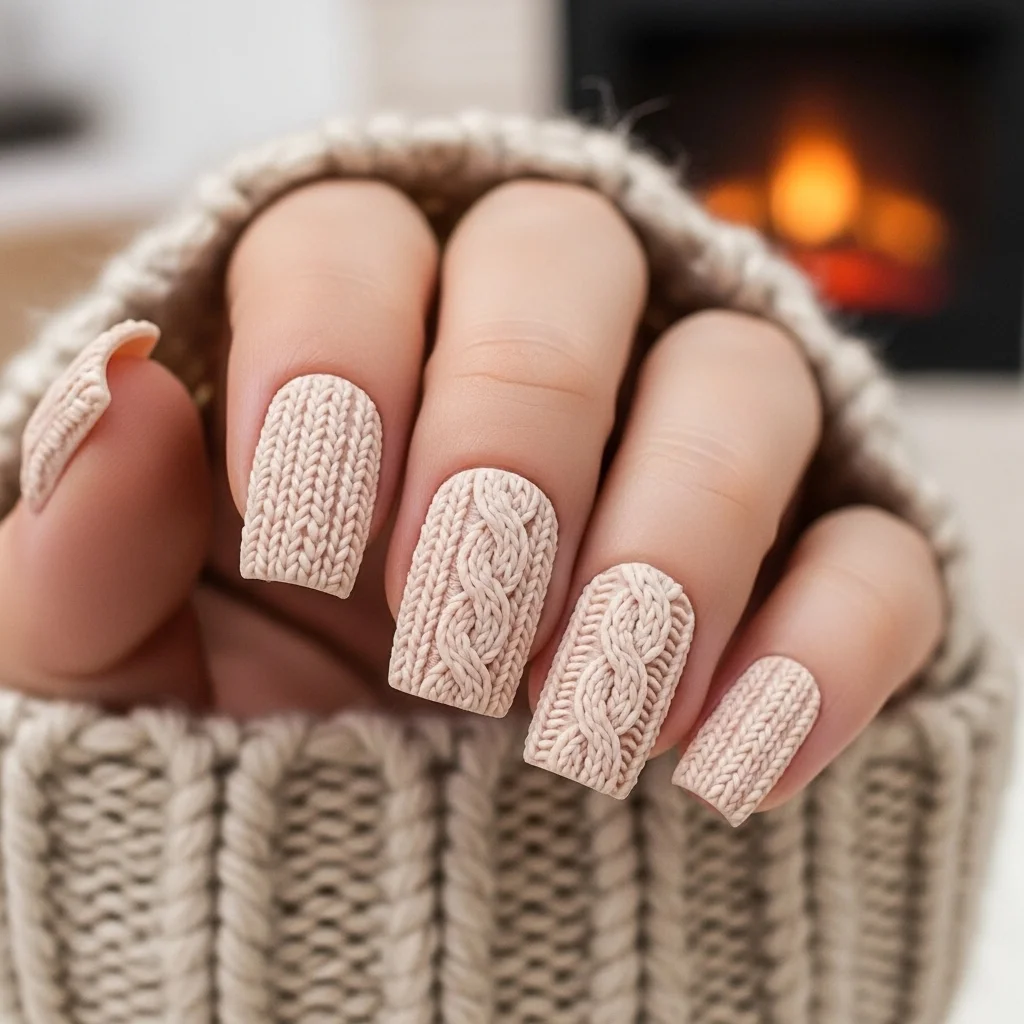 The Top 27 Acrylic Nail Designs You Need This Autumn! 14 cozy sweater knit texture 1