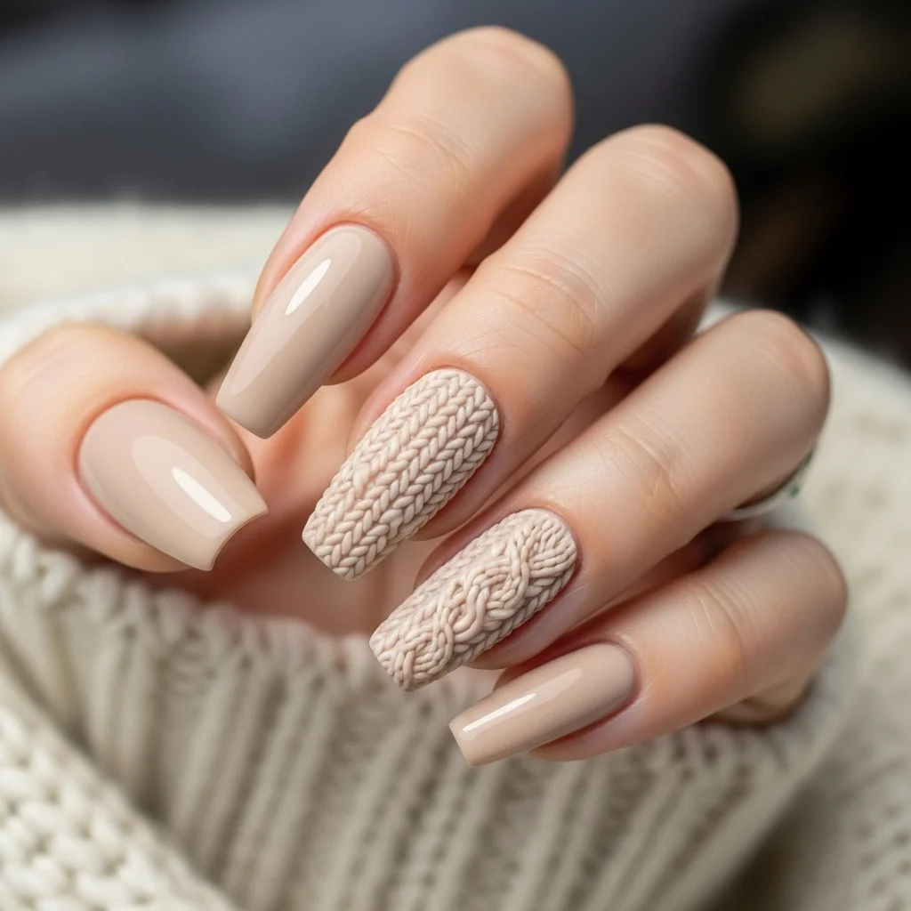 21 Coffin Nail Designs That Scream Fall: Your Ultimate Guide to Autumn Manicures 5 cozy sweater knit