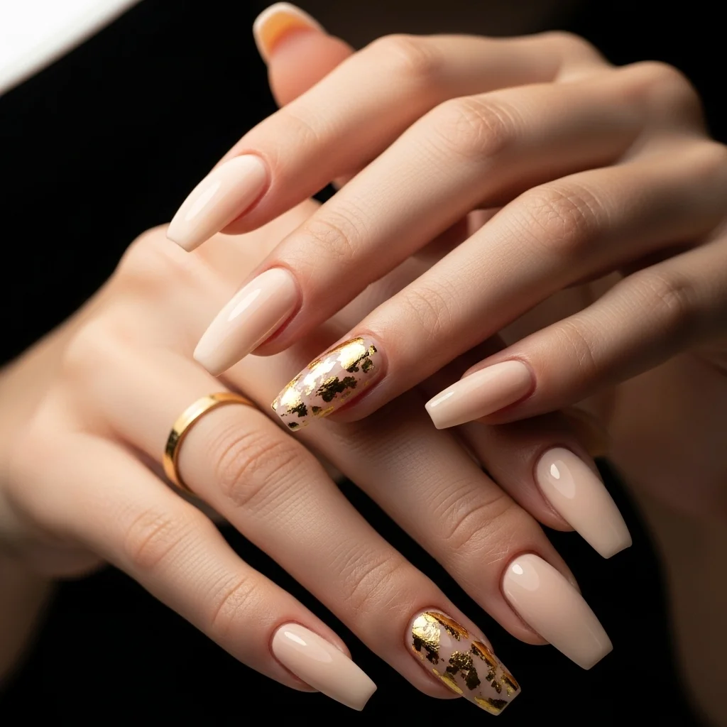 21 Coffin Nail Designs That Scream Fall: Your Ultimate Guide to Autumn Manicures 12 creamy nude gold flakes