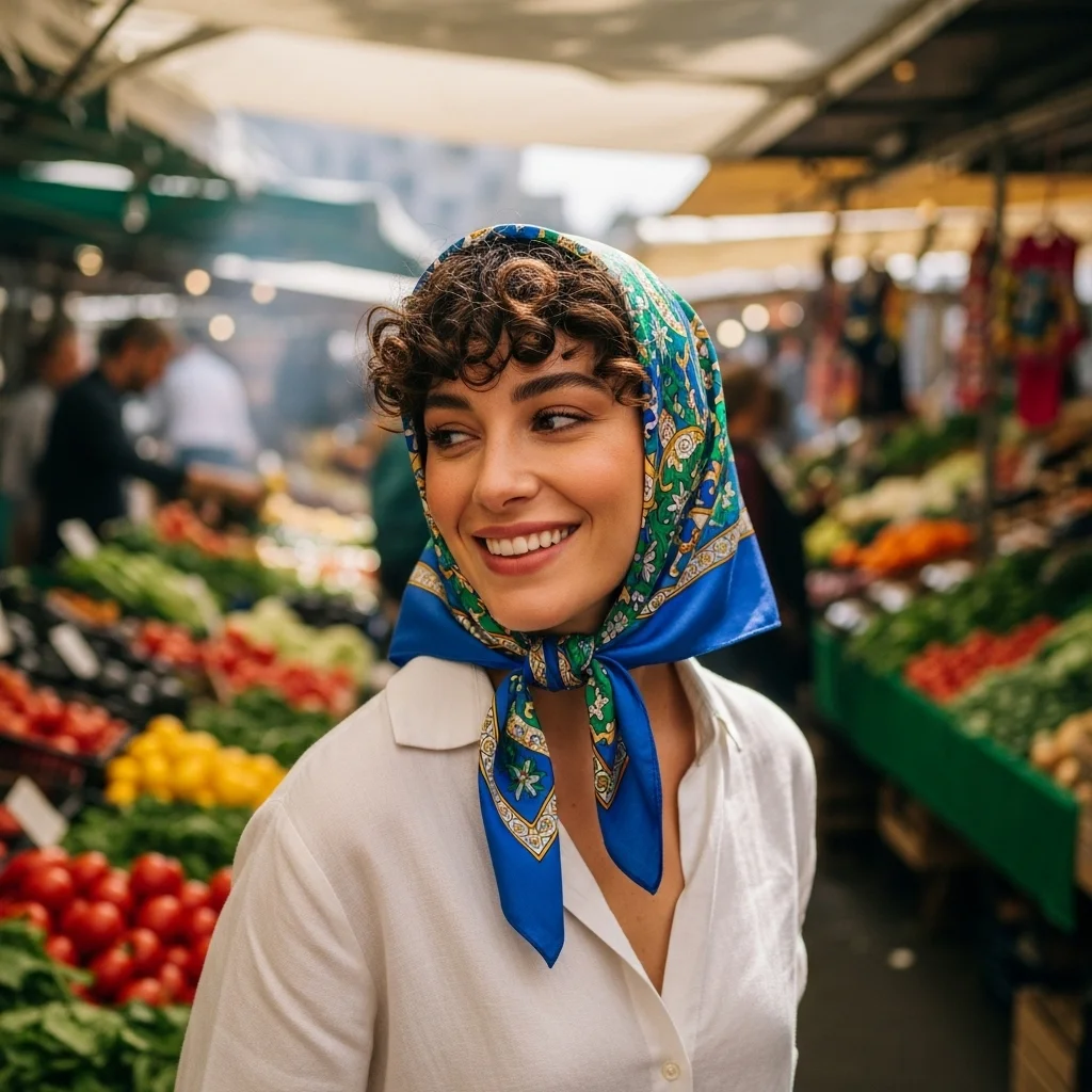 curly bob with headband scarf