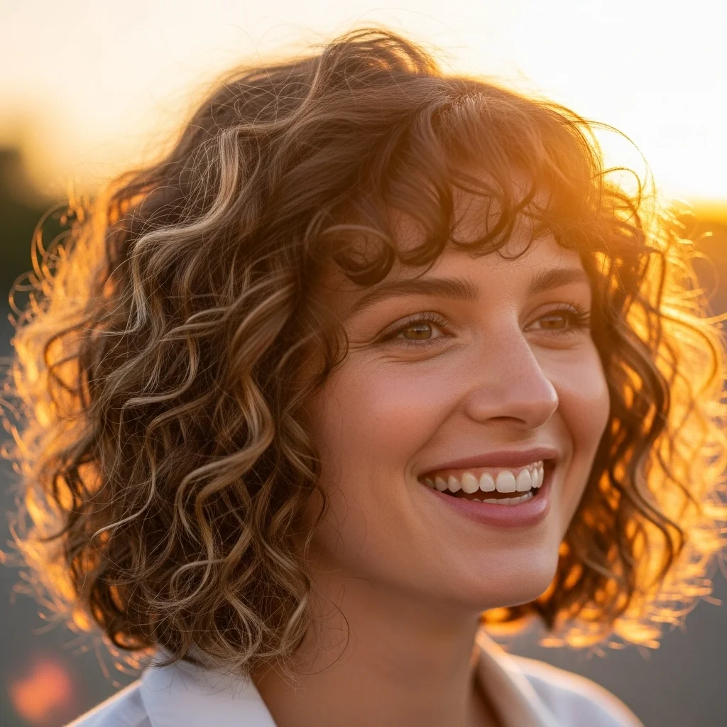 curly bob with highlights balayage